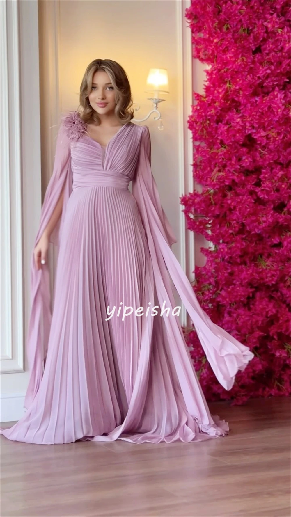 Modern Style Chiffon Feather Ruched A-line V-neck Long Dresses Evening Dresses Pastrol Unisex Chinese Style Formal Casual Retro