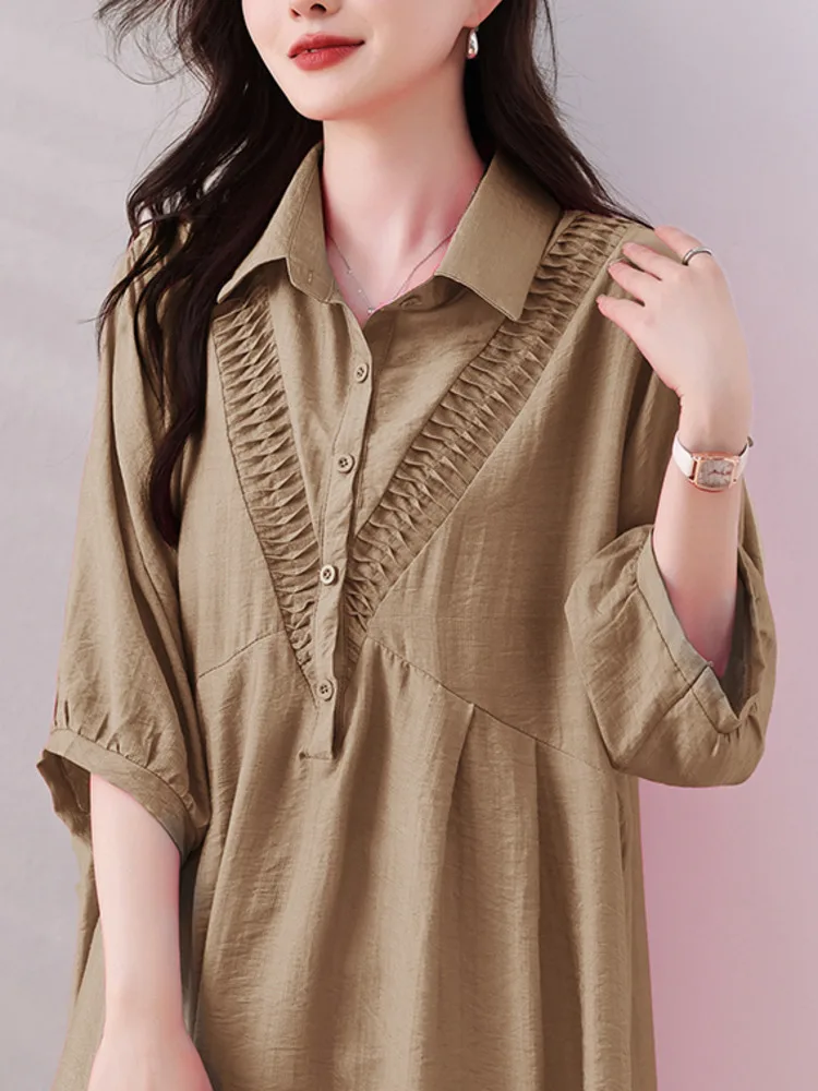 #2835 Black Khaki Rose Red Long Blouse Women Drop Sleeve Loose Turn-down Collar Buttons Office Ladies Tops And Blouses Summer