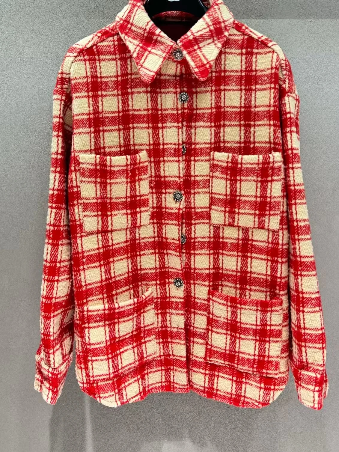 Plaid wool lapel shirt style off shoulder short jacket for women with double pockets, autumn and winter new jacket