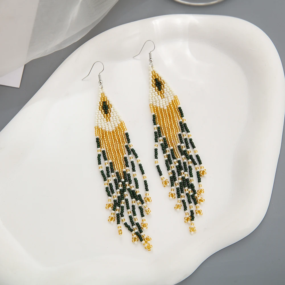 Rice bead earrings  Hand woven  Beading  Simplicity  fashion  speckle  Versatile  Bohemia  geometry  ma\'am  Fringed earrings