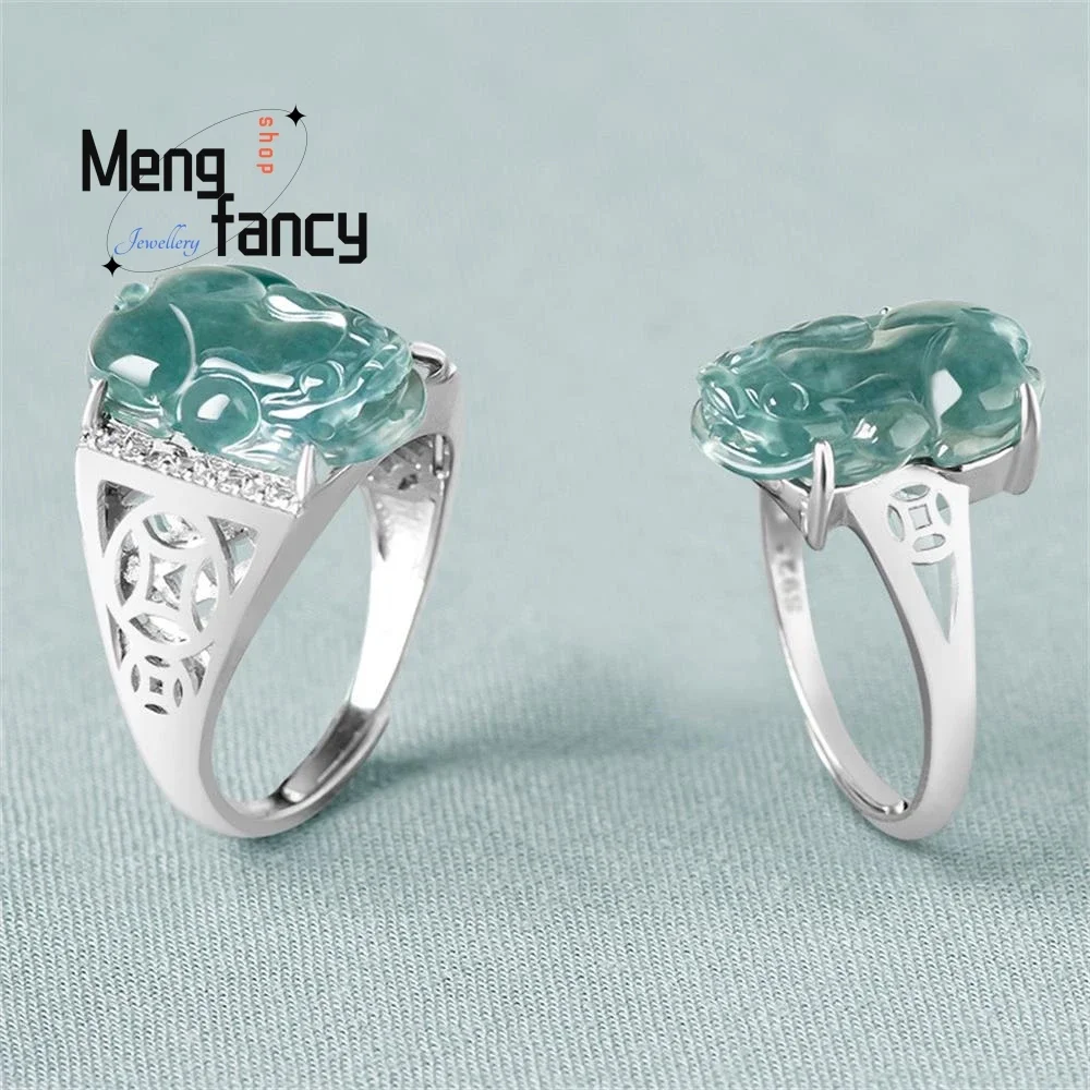 

S925 Silver With Natural A-goods Jadeite Icy Blue Water Pixiu Adjustable Ring Men Women Couple Luxury Fashion Jewelry Souvenir