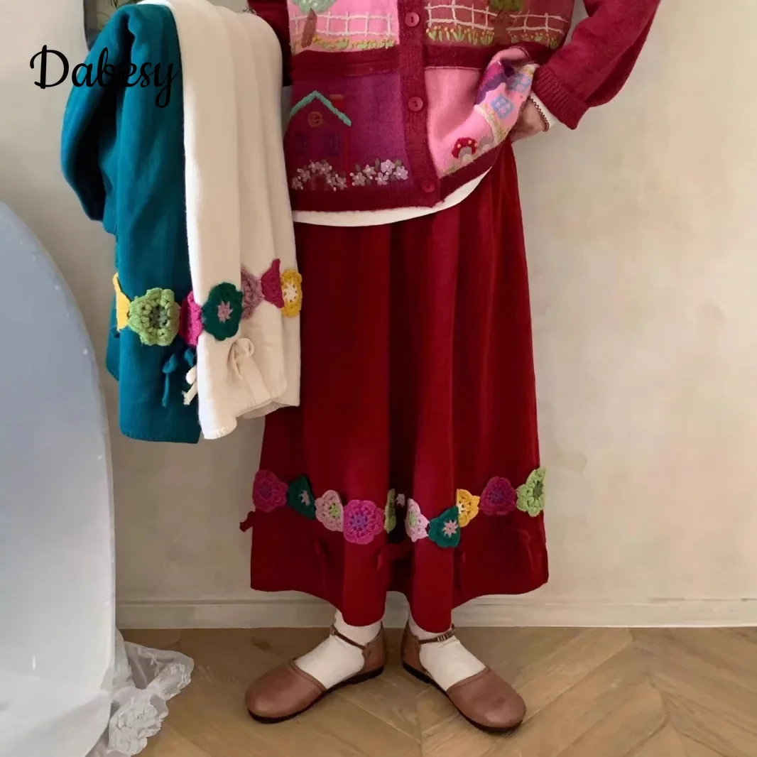 

Vintage Flower jacquard Knitted Long Skirt Women Autumn Winter Mori Girl Elastic Waist Elegant Warm A-line Midi Sweater Skirts