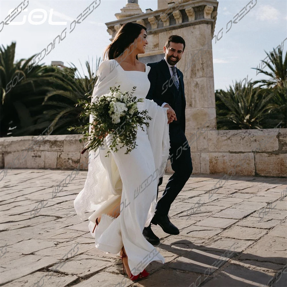 SOL semplici abiti da sposa con colletto quadrato a maniche lunghe con scialle staccabile eleganti abiti da sposa senza schienale Vestidos De Novia