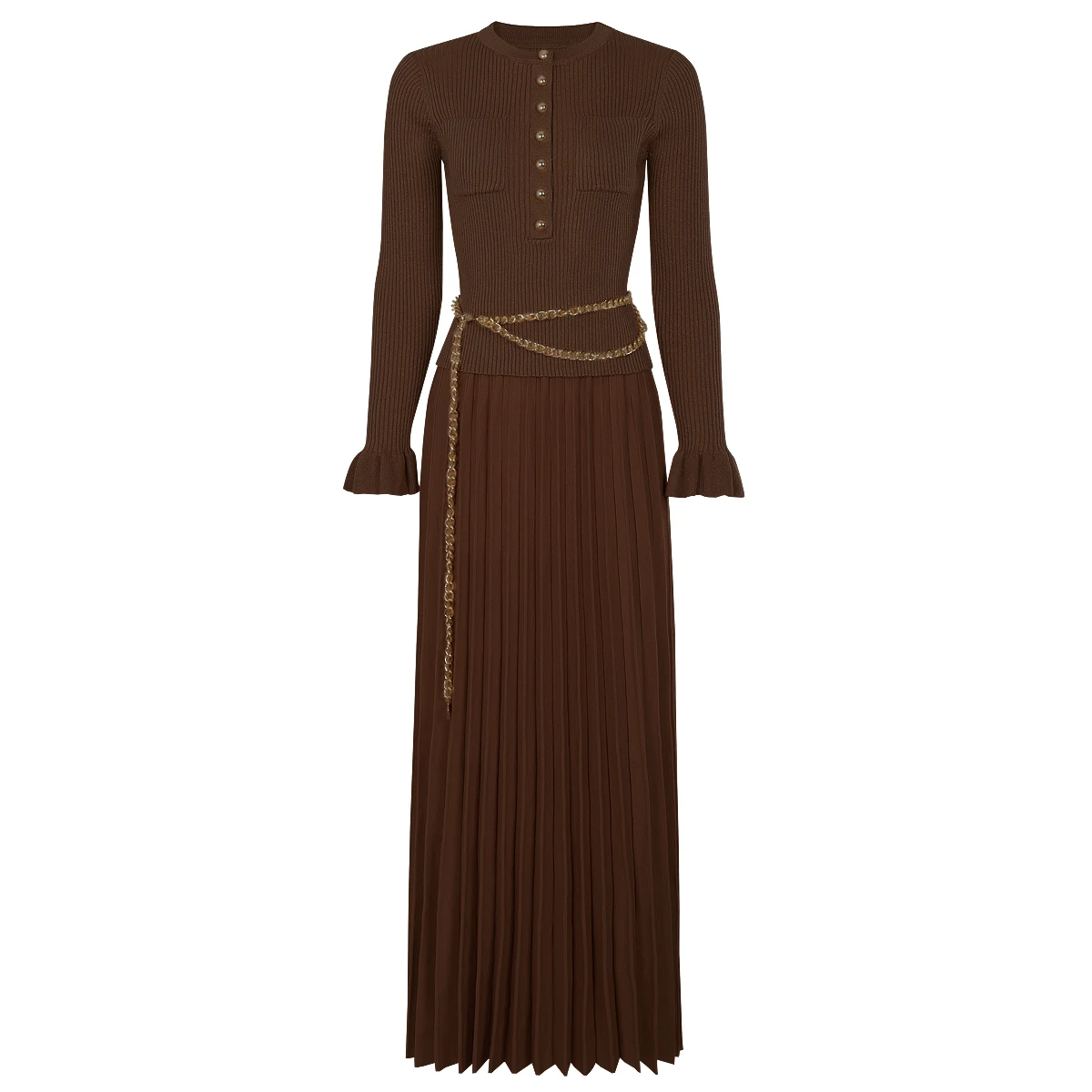 

25292 High-quality Spring And Autumn Fashion Slim Fit Chain Belt Long Sleeved Top Knitted Pullover+pleated Skirt Women's Set