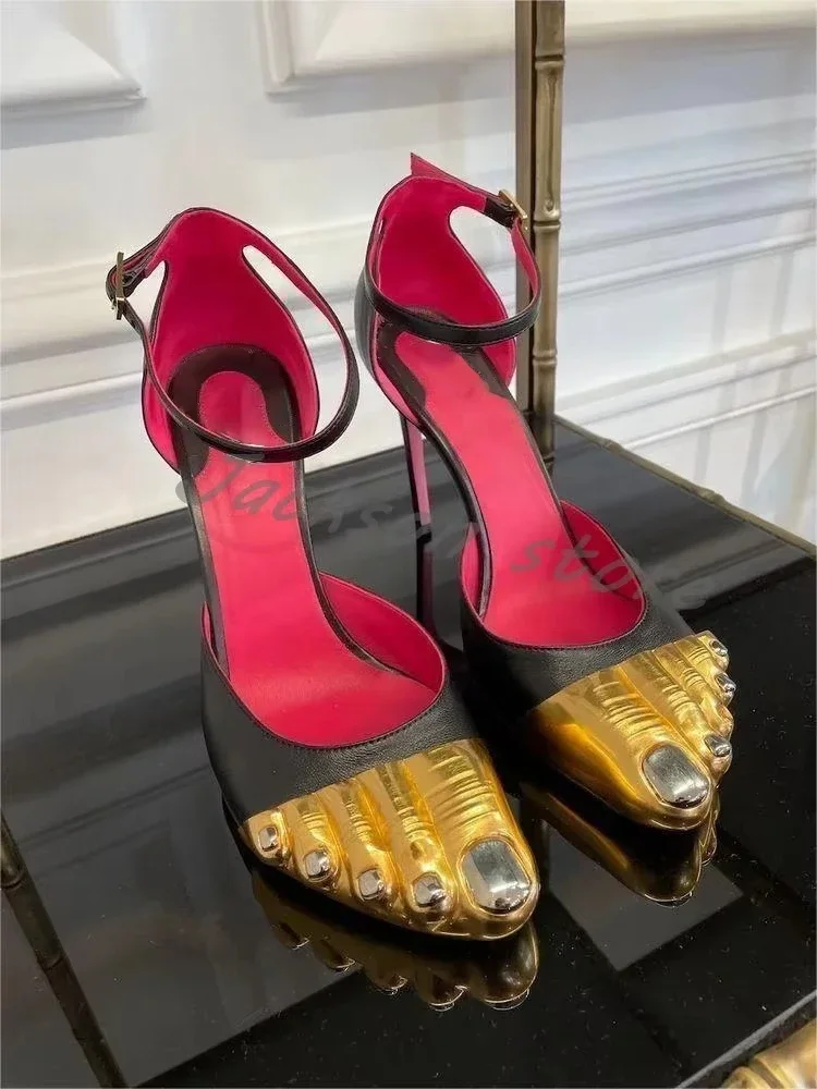 2025 Fashion Gold Five Finger High Heel Pumps Summer Versatile Stiletto Heel Buckle Sandals Women Roman Dress Comfort Shoes