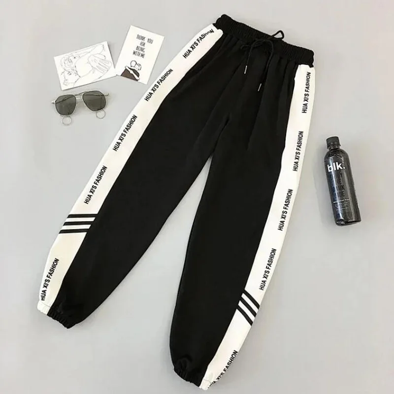 Preto harem calças femininas S-5XL carta impressão listrado hip hop calças estilo coreano harajuku calças mujer pantalones techwear