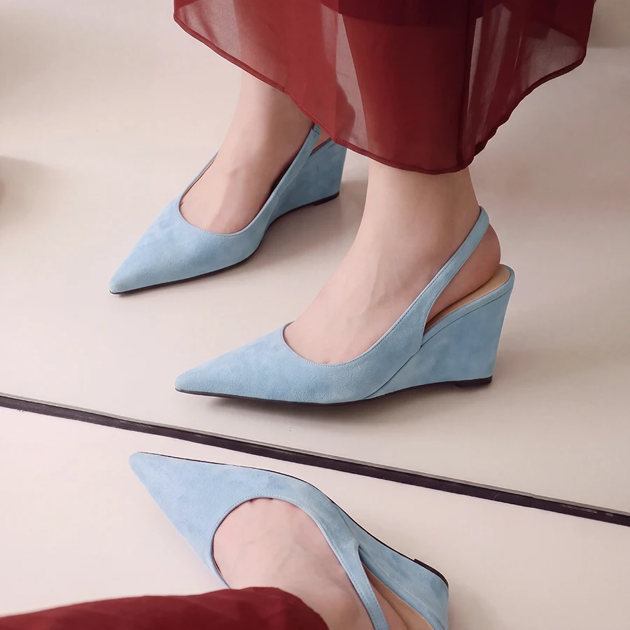 New Black 9cm Elegant Pointed Simple Suede Irregular Slope Heel with Rear Space and Tripping Strap for Women's Outdoor Sandals