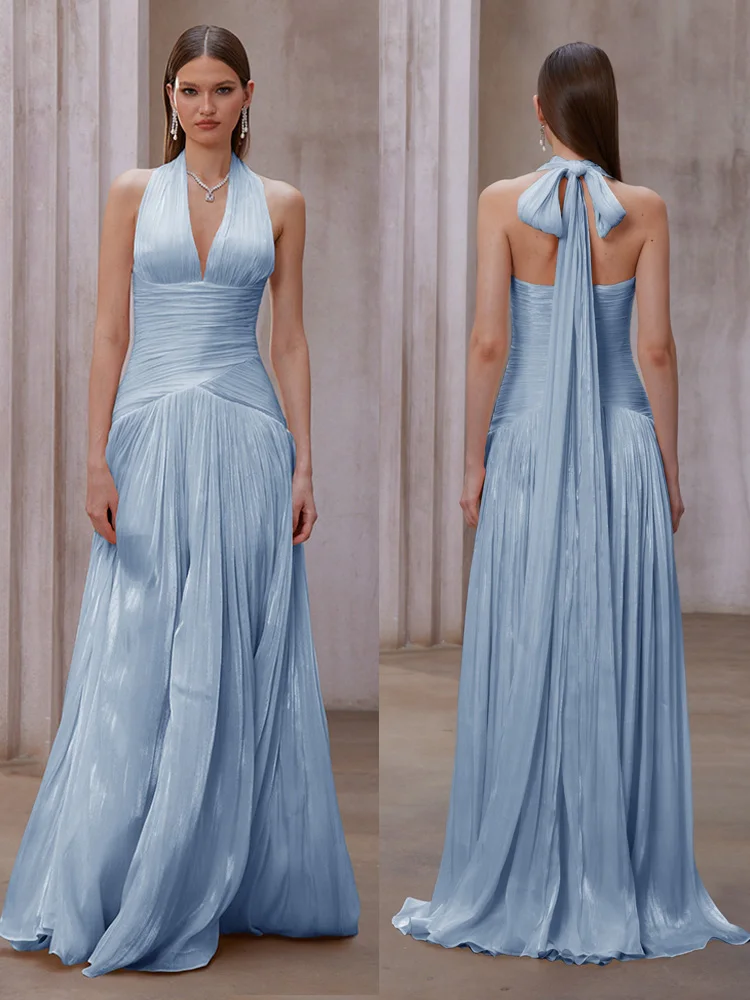 

Sexy Blue Silk Satin Long Evening Dresses V-Neck Sleeveless Prom Dresses Saudi Araric Formal Occasion Prom Gowns Customize