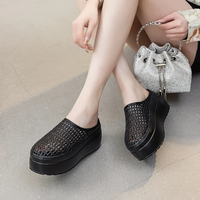 

Shoes Woman 2026 House Slippers Platform Cover Toe Fretwork Heels Pantofle Loafers New Slides Female Shoes Cover Toe Ladies' Sli
