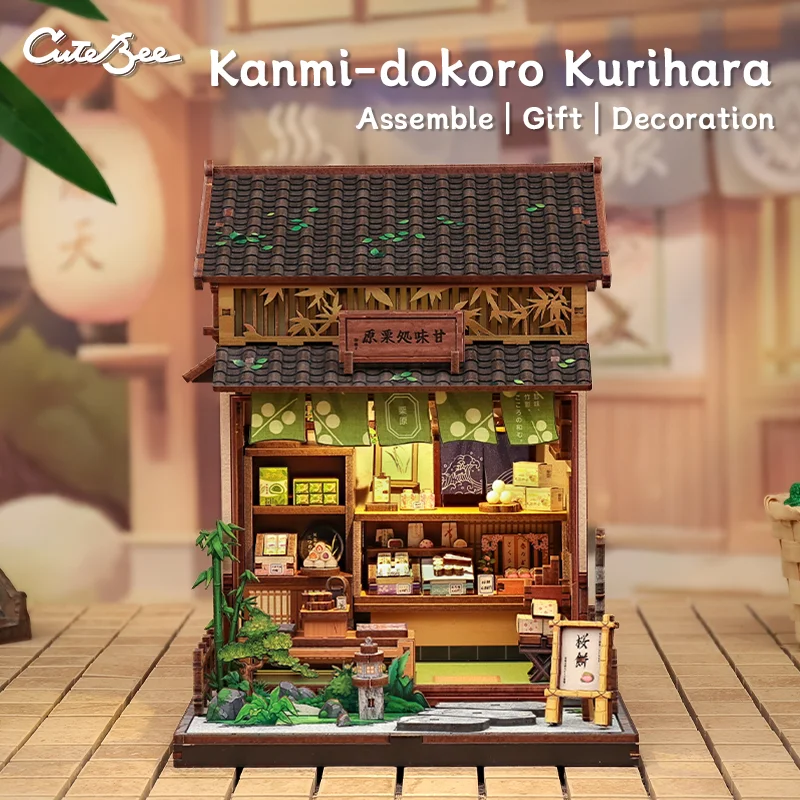 CUTEBEE Wooden Doll House Book Nook Kit Miniature House Model with Led Light Kanmi-dokoro Kurihara for Christmas Gift Idea