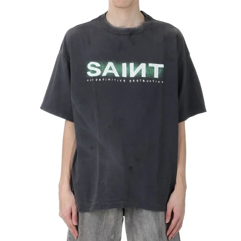 

25SS High Street Vintage Washed Black Damaged Saint T-Shirt Men Women 1:1 Tags Classic Letters Logo Print T Shirt Tee Tops