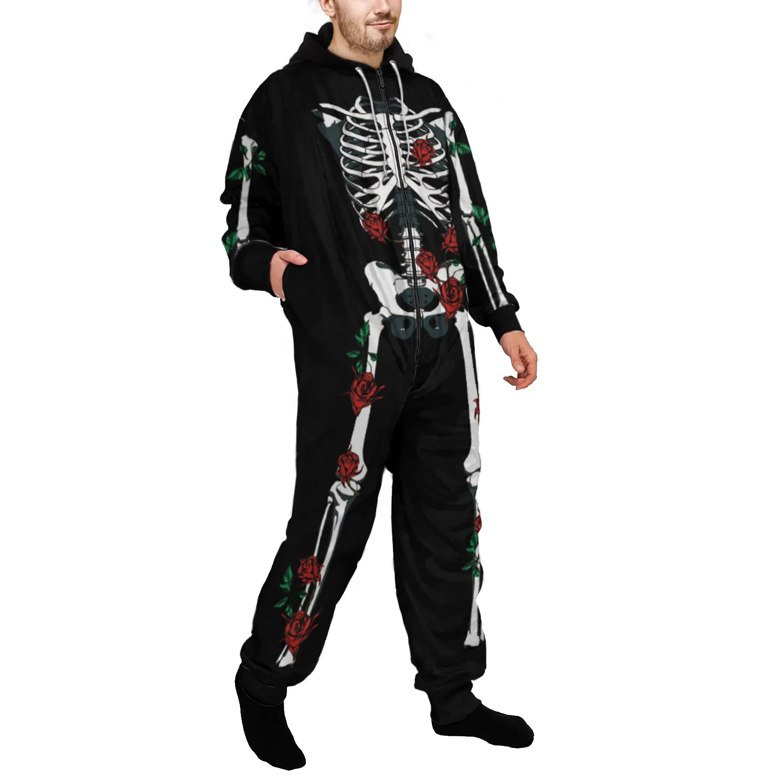 One Piece Pajamas Men Homewear Sleepwear Hooded Jumsuits Zipper Onesies Casual Halloween Black Skeleton Print Pyjamas