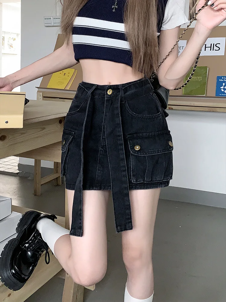 Lace up High Waist Denim Short Skirt for Women's Summer 2024 New Pocket Design with Loose  Half body Skirts