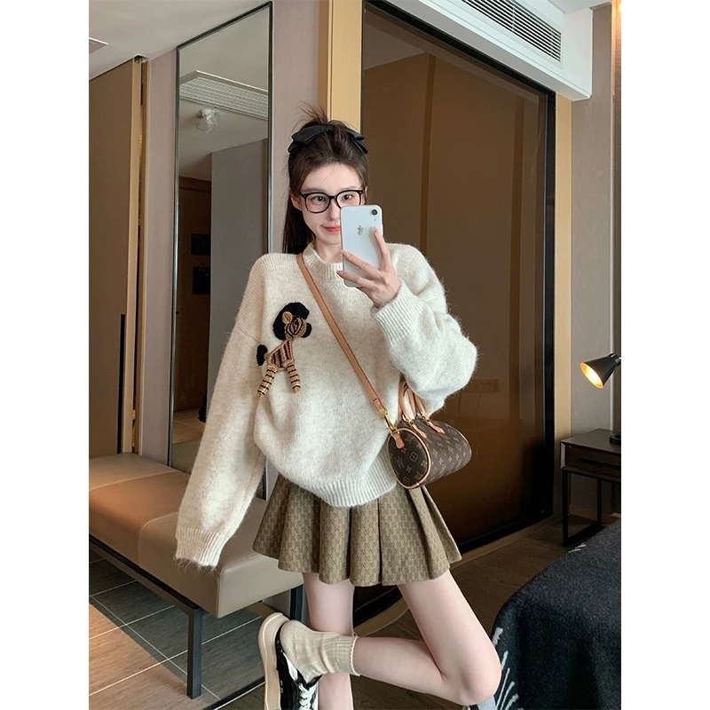 

High End Fashion Cartoon Pony Loose Sweater For Women's Autumn Winter Retro Lazy Style Knitted Pullover Casual Sweet Sweater Top