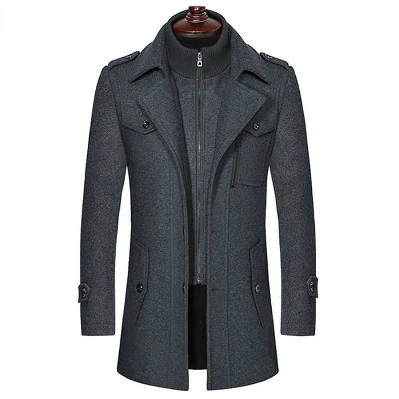 

Fake Two Pieces Black Wool Trench Coat Men 2023 Winter Thicken Warm Mens Cashmere Coat Slim Fit Woolen Peacoat
