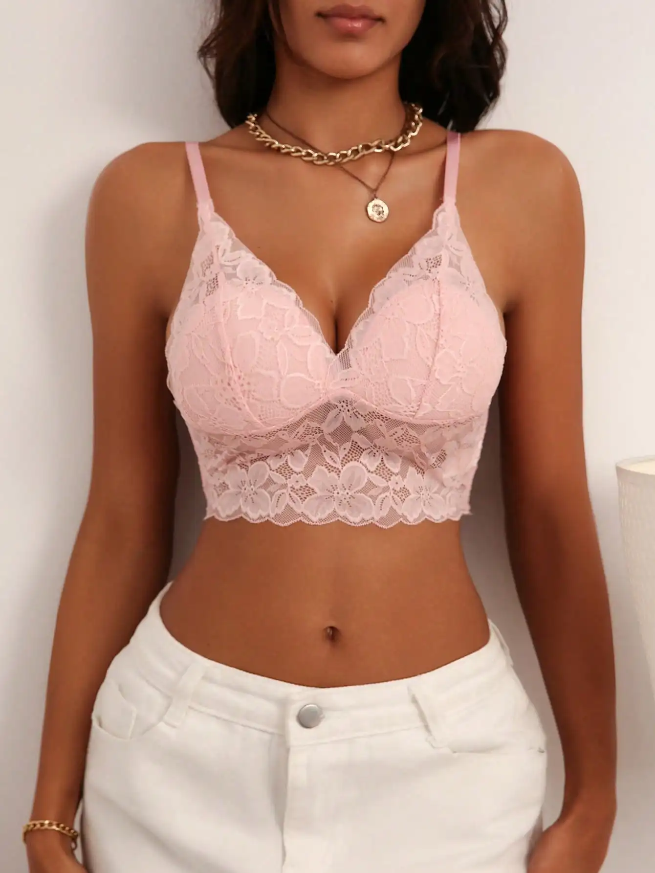 Women\'s New Pink Thin Without Steel Ring Lifting Anti Sagging Solid Color Triangular Cup Waist Bra MR2640