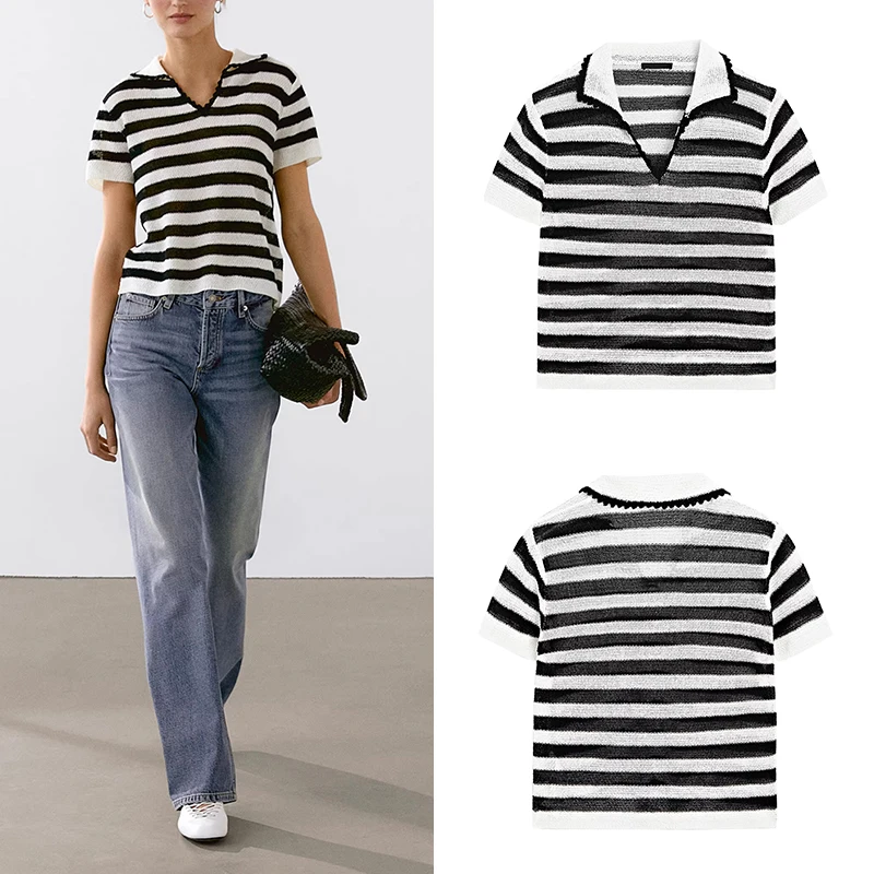 

Z Women's Faionable Striped Ne ort Sve T-irt Versatile Ele Daily Wear Polyester Fiber 2025 New Arrival