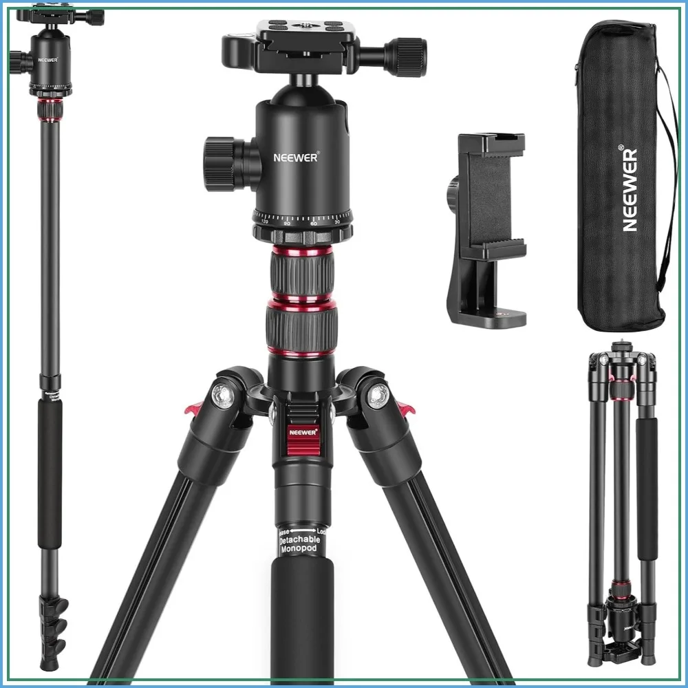 

77" Camera Tripod Monopod for DSLR, Phone with 360° Ball Head, 2 Axis Center Column, Arca QR Plate, Bag, Lightweight Aluminum, 34lb Load
