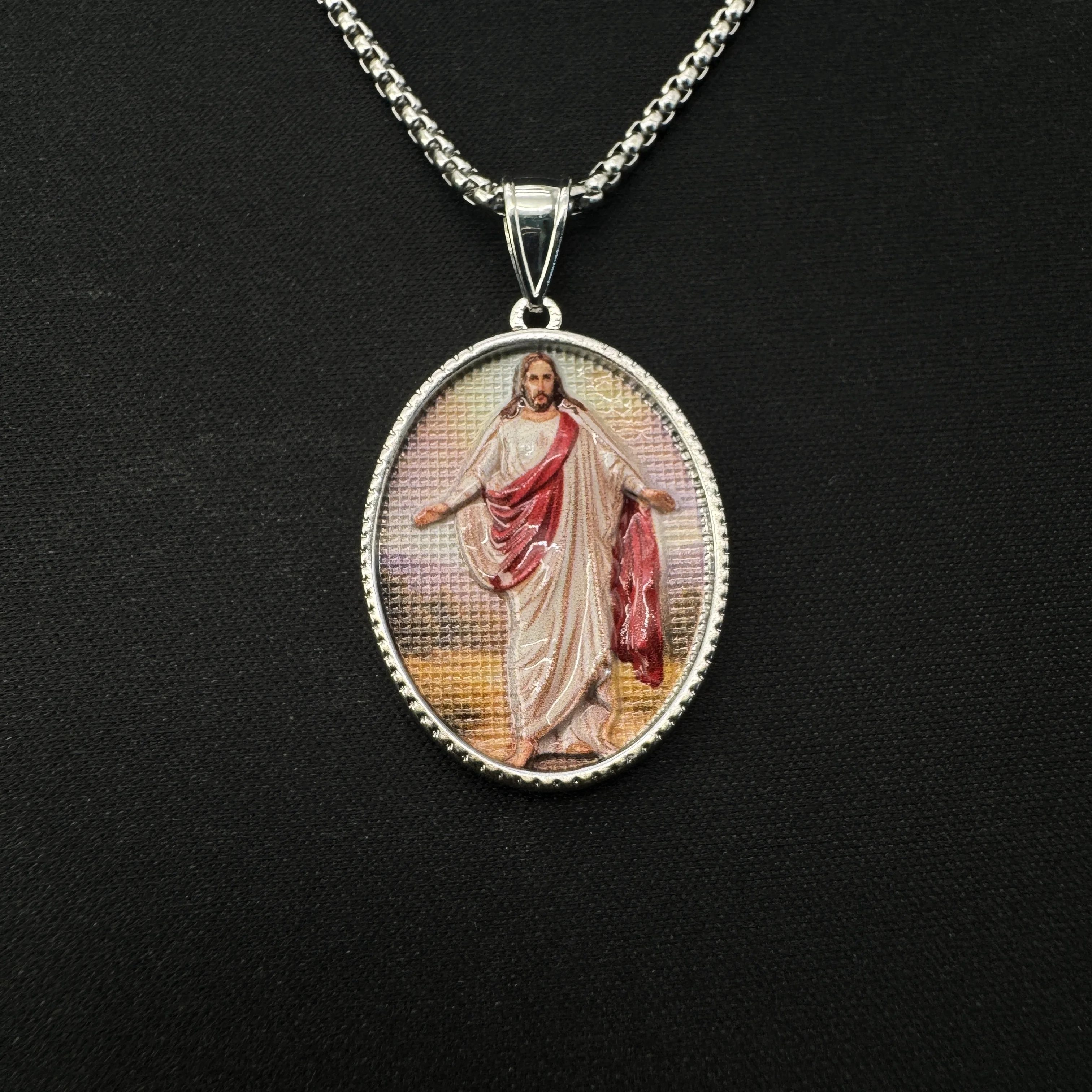 Blessed Jesus Oval Printed Medal Pendant Necklace Silver Curb Chain Catholic Jewelry Gift For Devout Religious Believers
