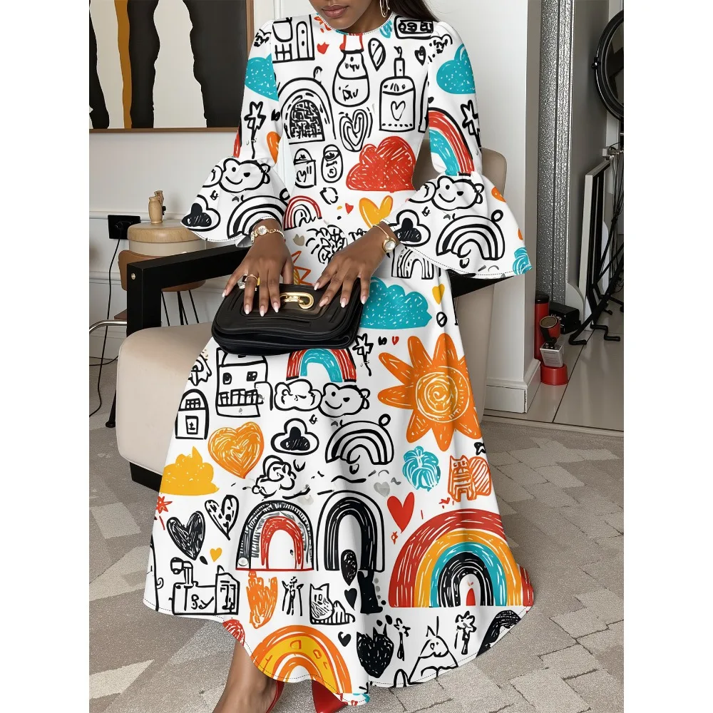 Abito lungo giocoso Doodles Abito fluido a trapezio con maniche arricciate Abbigliamento Boho Chic Abito casual da donna per le vacanze e casual