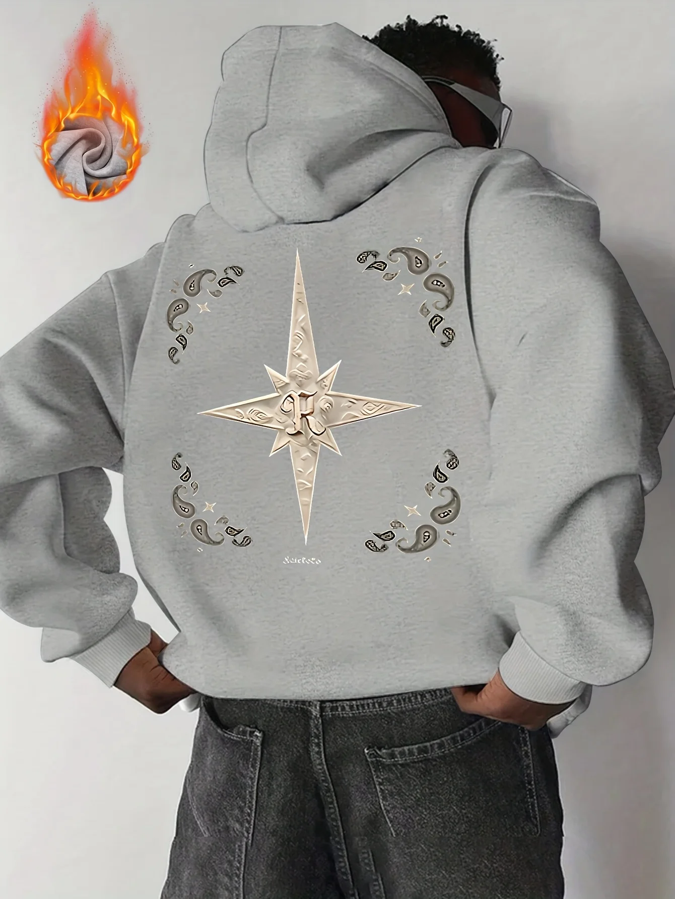 Vintage Compass Star Ornament Hoodie Men Retro Nautical Boho Back Print Loose Pullover Streetwear Sweatshirt