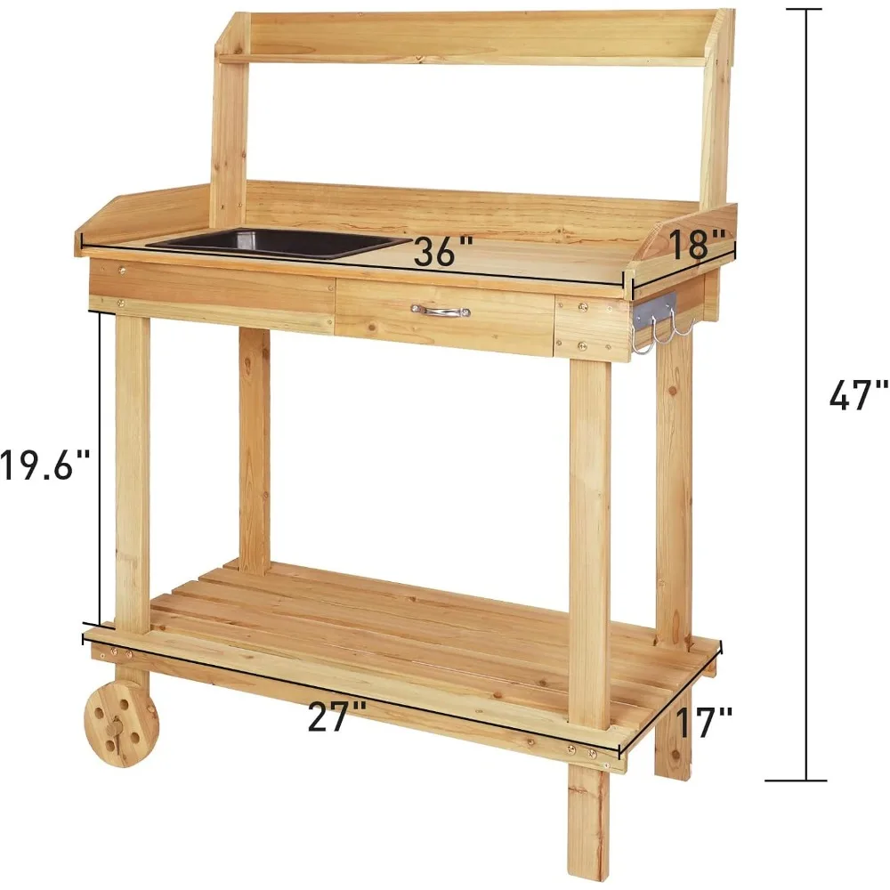 Outdoor Garden Solid Wood Potting Bench Table with Removable Sink Gardening Work Bench with Drawer Shelves Hooks on Wheels