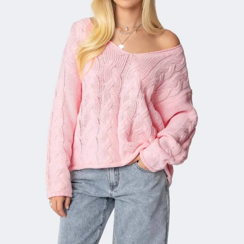 

New Autumn Style Solid Color Loose Lazy Style V-neck Twist Knitted Pullover Sweater Women's Top