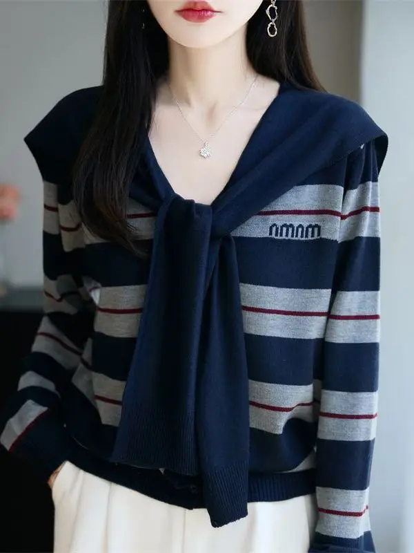 

Женский свободный вязаный кардиган, свитер с шипами, полосатый темно-синий воротник, длинный свеч, теплый осенне-зимний комплект из двух предметов
