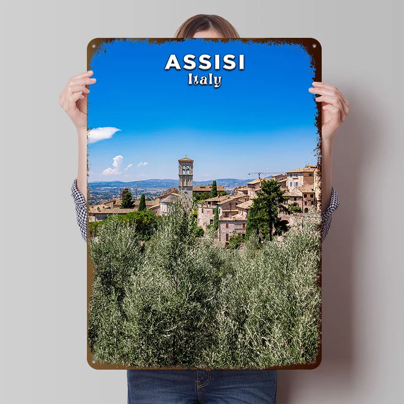 Assisi Italy Cityscape Printed Poster Customized Retro Wall Art Vintage Metal Tin Signs for Home Decoration Living Room Man Cave