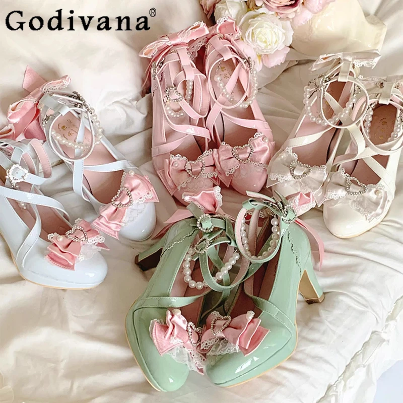 

Women's Wedding High Heels Autumn Japanese Girl's Sweet Elegant Cute Big Bow Lo Mary Jane Shoes Princess Birthday Party Pumps