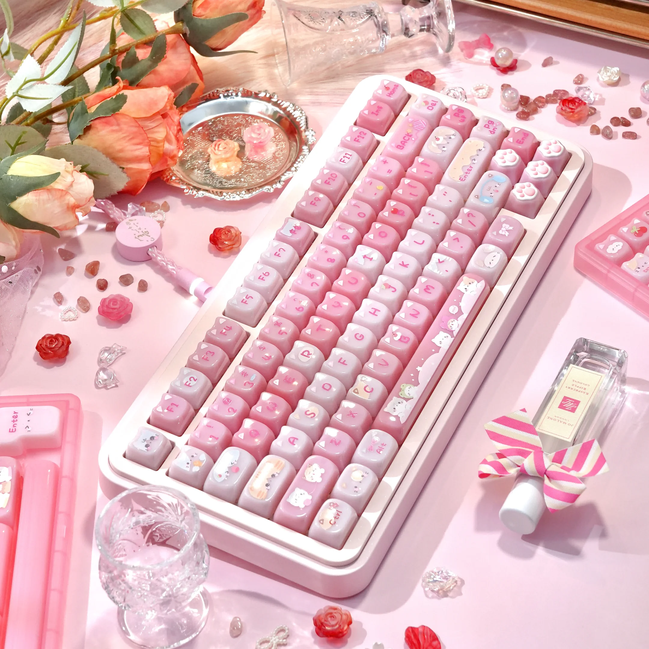 140-Key Cute Cat-Ear-Shaped Keycaps MAO Profile PBT Sublimation Transparent Pudding Keycap for MX Mechanical Keyboard for Made68