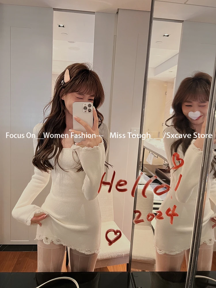 Korean Fashion Knitted Mini Dress Women Casual Y2k Clothing Evening Party Sweater Dress Office Lady Long Sleeve Bodycon Outfits