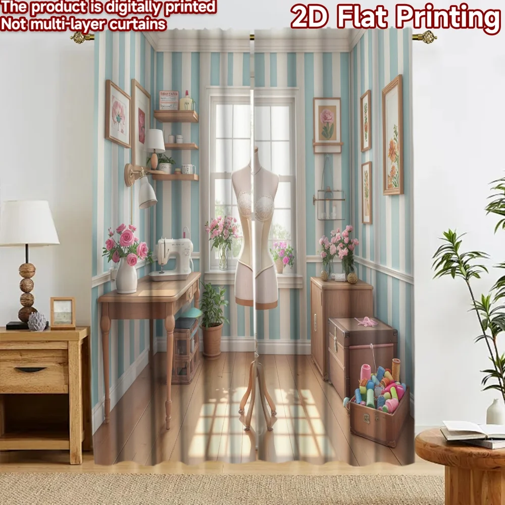 2D flat 2pcs Curtain Home Short Curtains Vintage Sewing Room Digitally printed polyester, colorfast Family Party Decoration Use