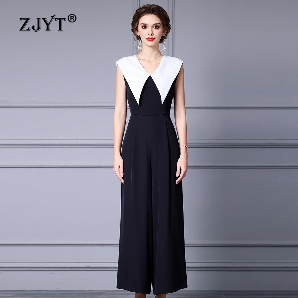 

ZJYT Summer Elegant Jumpsuits Womens Rompers Sleeveless Hit Color White Black Long Pants Office Lady Jumpsuit Overalls