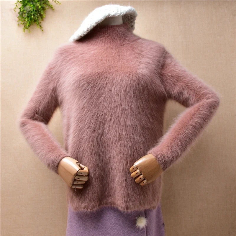 

04 Ladies Women Fall Winter Clothing Hairy Mink Cashmere Knitted Turtleneck Split Slim Blouses Pullover Angora Fur Sweater Pull