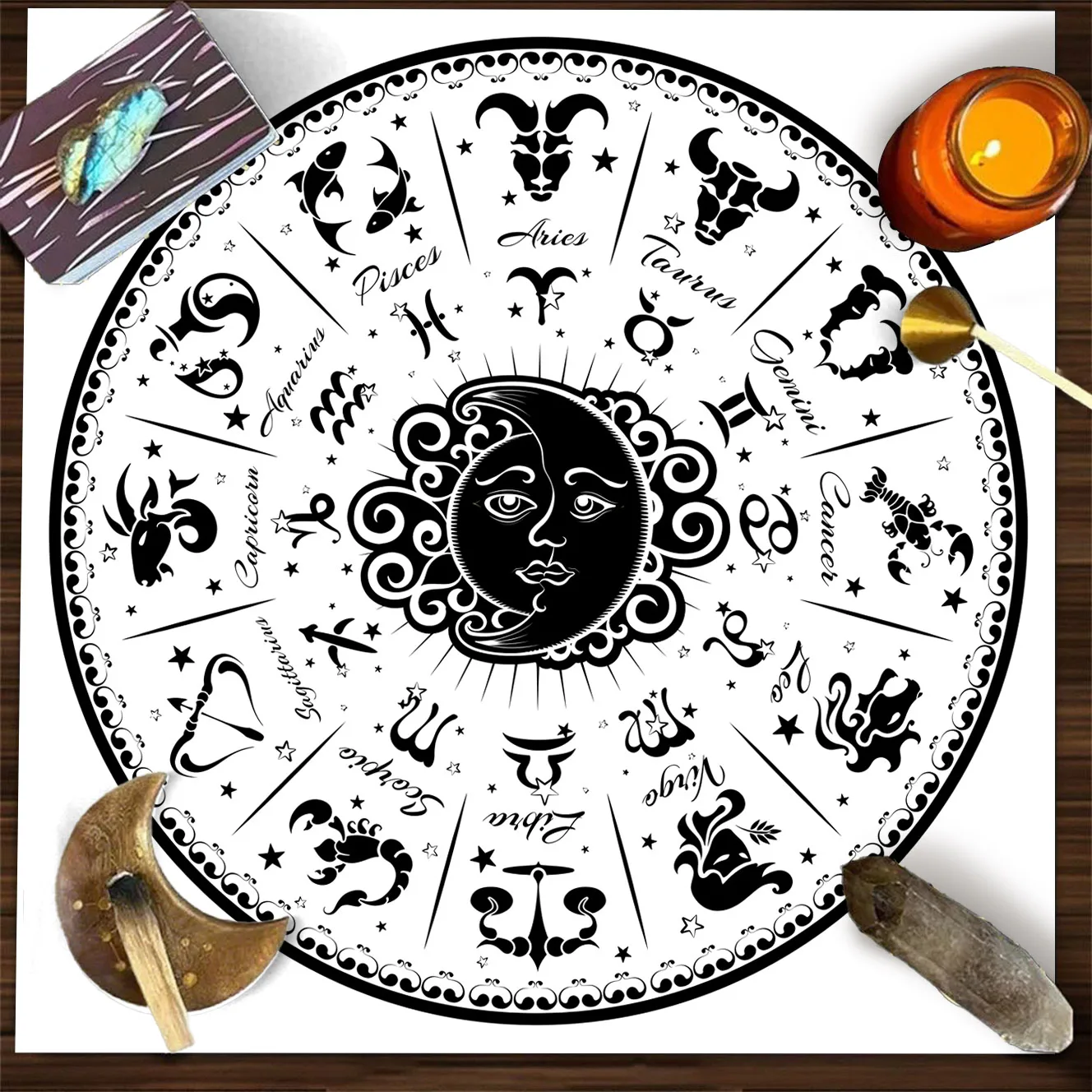 VIKAMA black white sun face zodiac wheel tarot card tablecloth vintage tattoo astrology divination altar cloth mystical mat