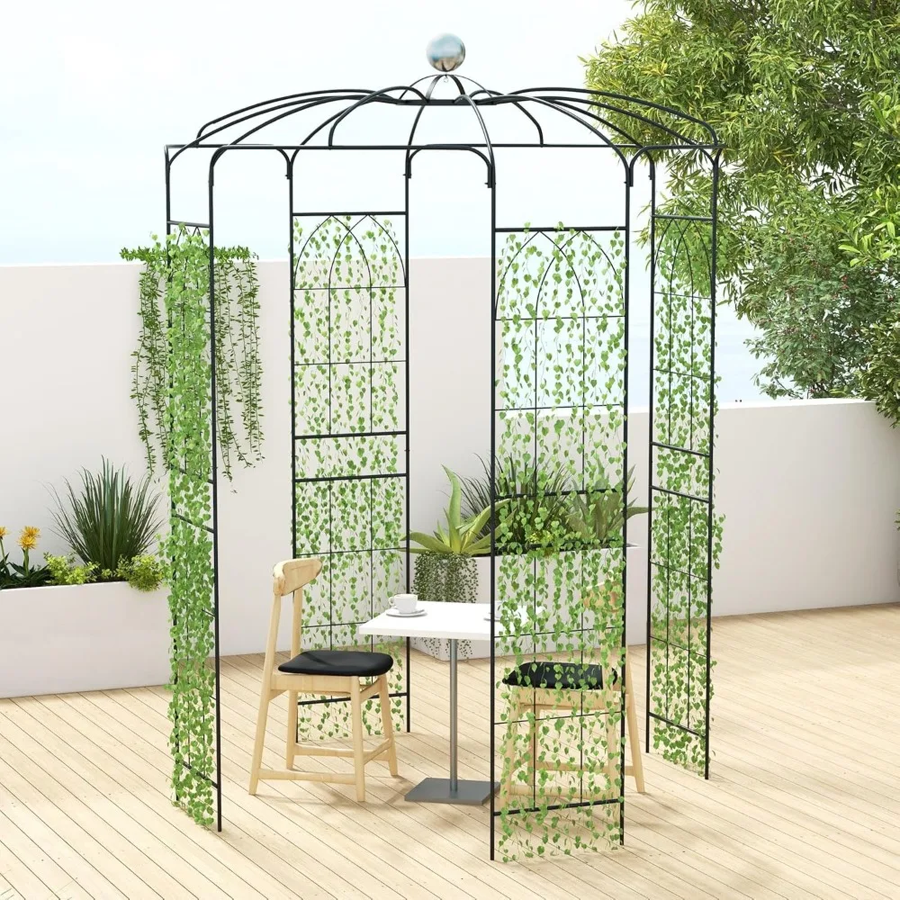 Birdcage Shape Garden Arch, 9.4' H x 6.8' W Heavy-Duty Wrought Metal Arbor for Climbing Plants, Arch Arbor Trellis with Hanging