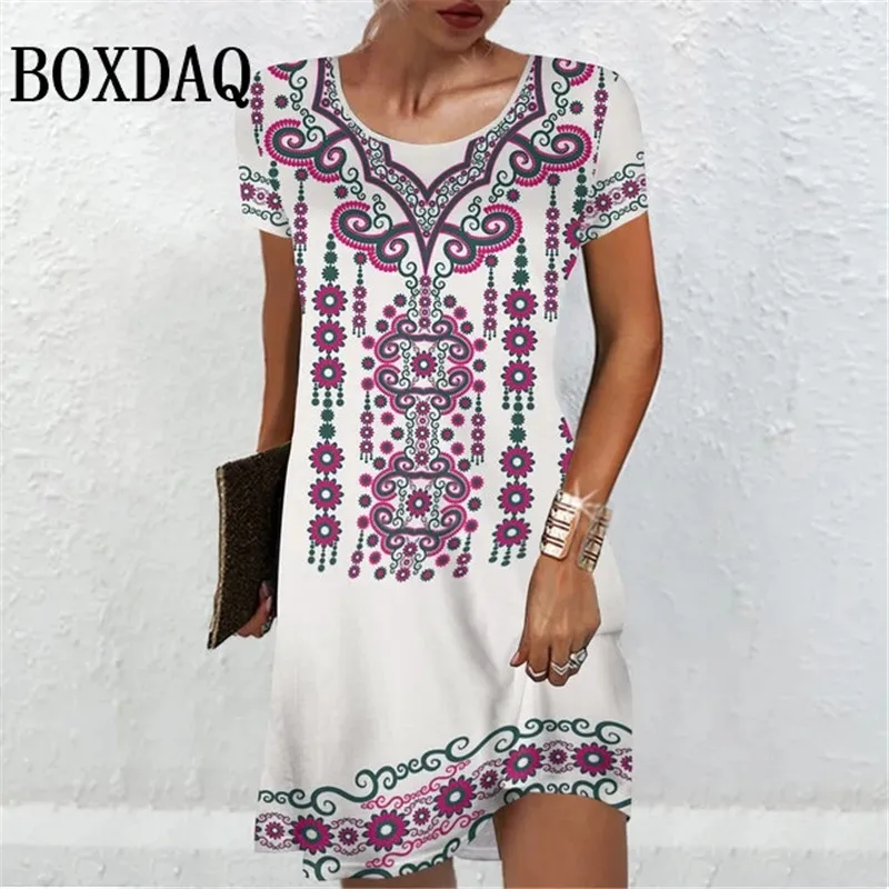 Women\'S Short Sleeve Dresses Summer Women Clothing Vintage Flower Print Fashion A-Line Dress Casual Lady Loose Plus Size Dresses