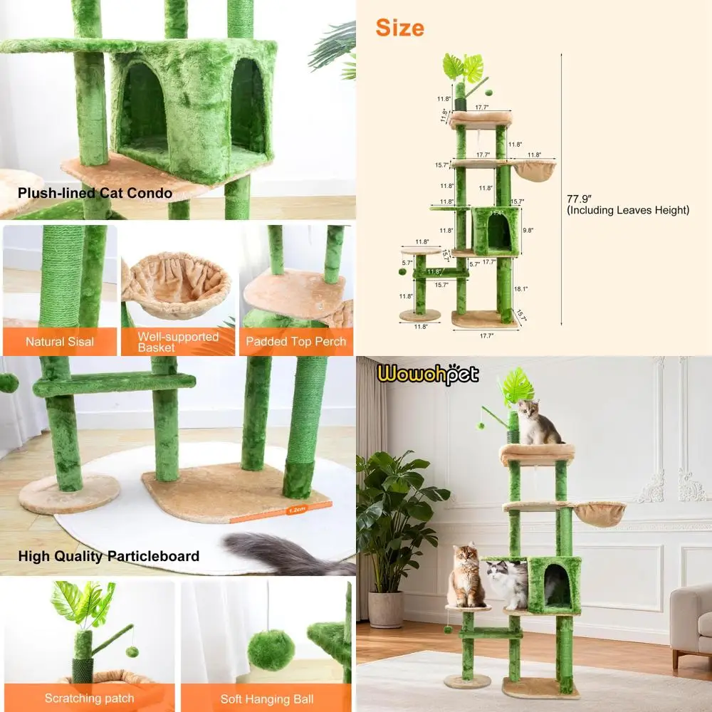 

78 Indoor Cat Tree with Plush Multi-Level Play, Caves, Baskets, and Scratching Posts in Green