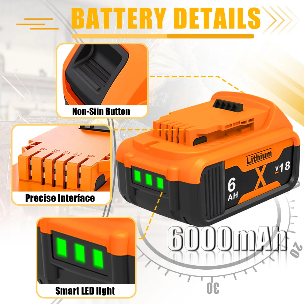 Akumulator litowy 6000mAh do Dewalt DCB200 20V, zamiennik DCB205 DCB206 DCB209 DCB181 DCB182, do elektronarzędzi, z ładowarką 6A — zdjęcie produktu 4