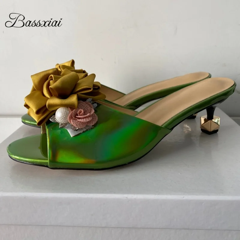 

Crystal Decor Handmade Flower Sandals Women Unique Rivet Kitten Heel Patent Leather Slingbacks Summer Shoes