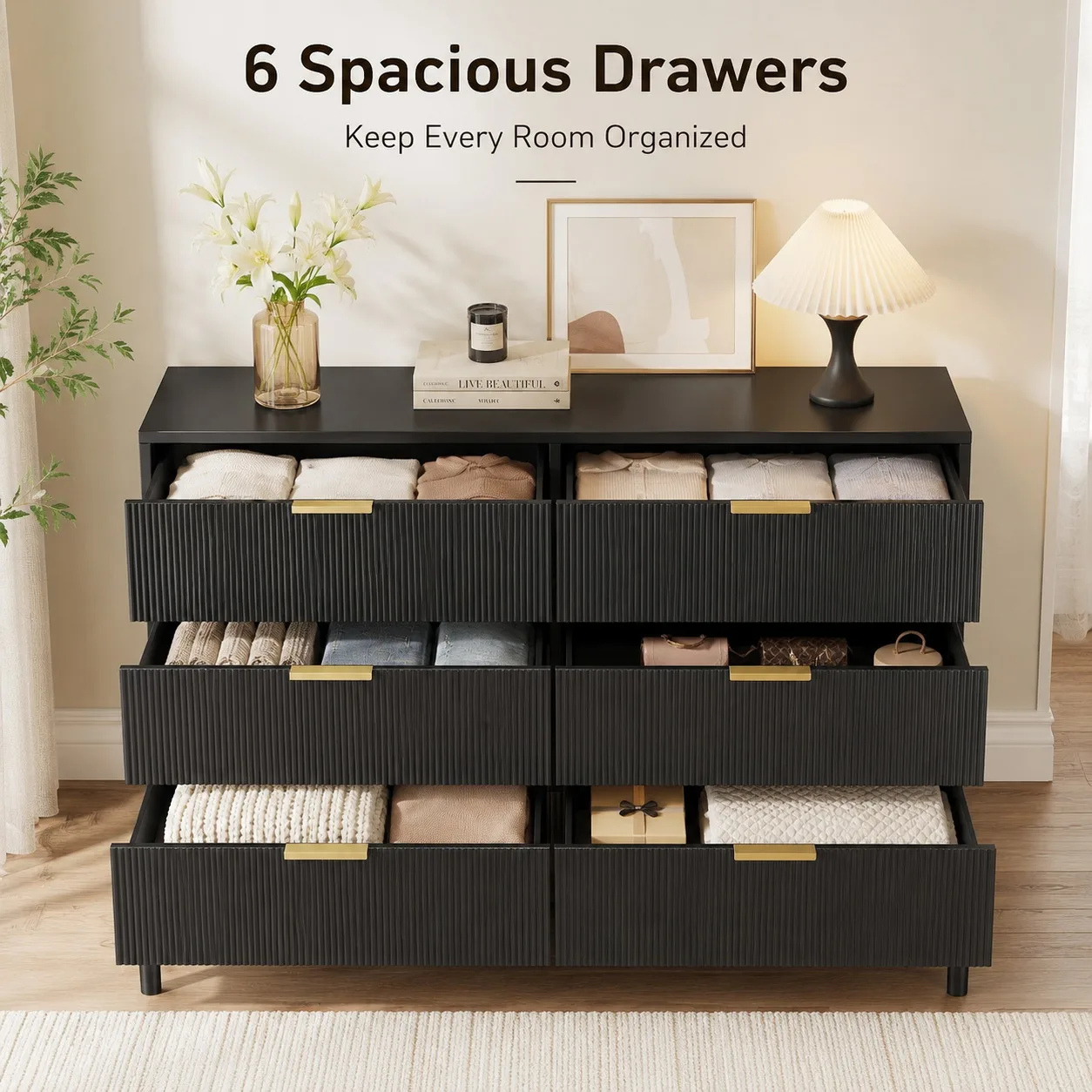 Fluted 6 Drawer Dresser with Metal Legs Wide Storage Cabinet Wood Chest of Drawers Anti Tipping Design Bedroom Living Room Hallway Organizer