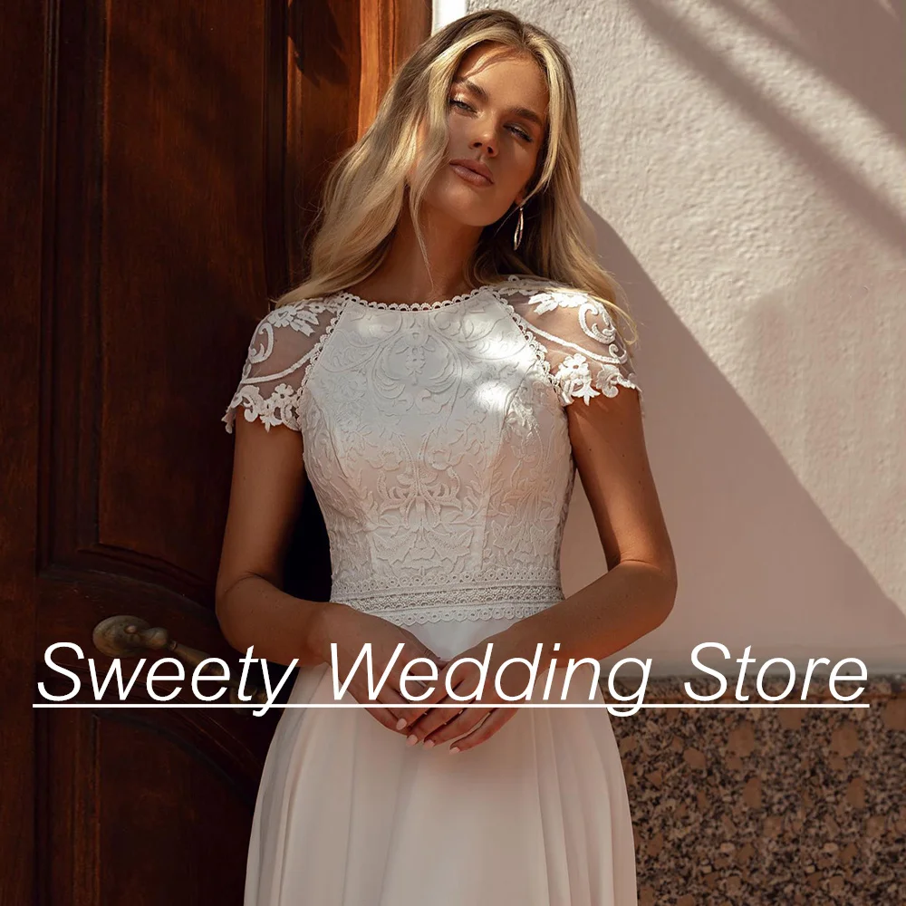 Boho Wedding Dresses for Women Customized Short Sleeves Bohemian Lace Bridal Gown Sweep Train Summer Bride Dress Illusion Back