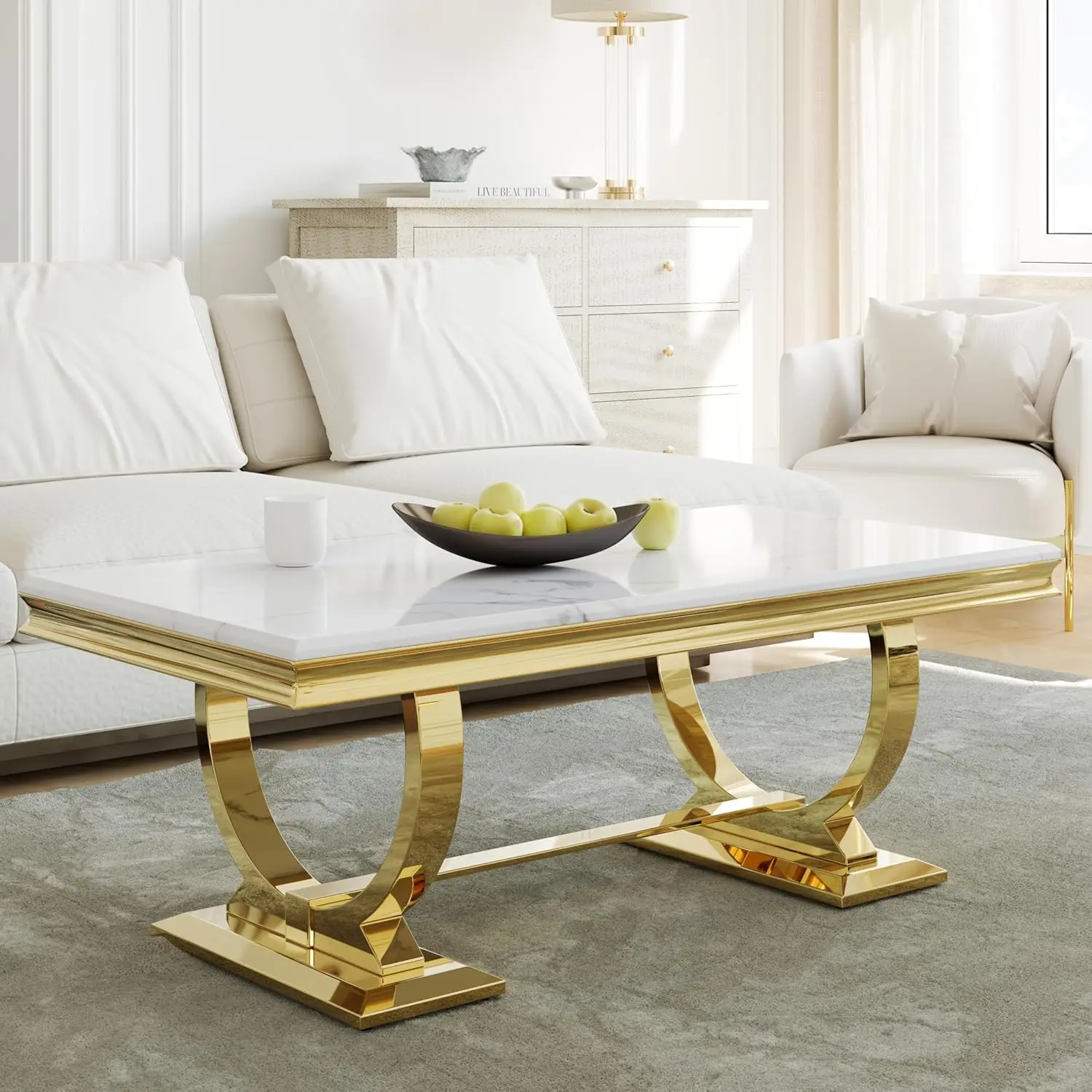 

Gold and White Coffee Table, Rectangle Gold Marble Coffee Table, Luxury Elegant Center Table for Living Room, Guest, Customized