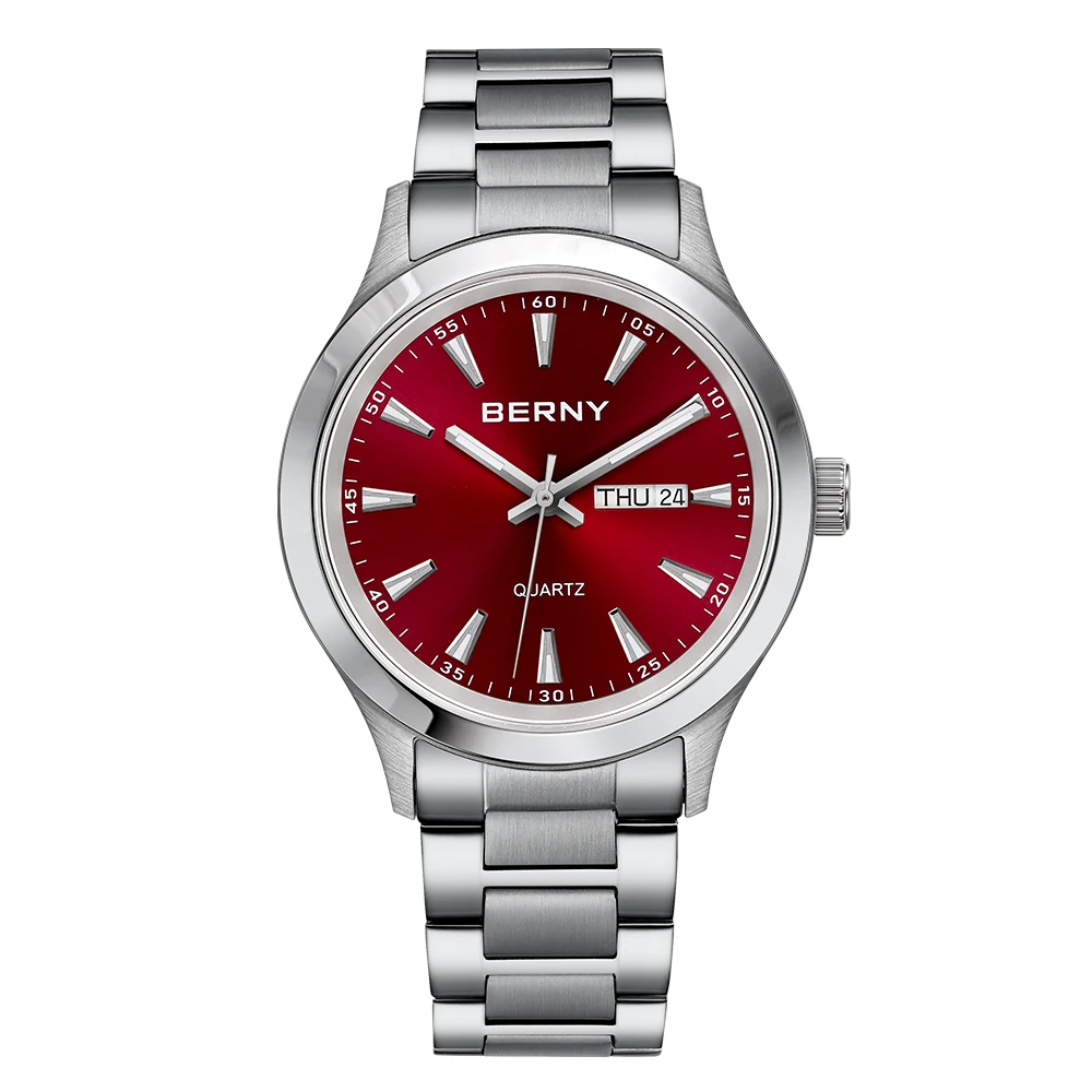 BERNY Herrenuhr, leuchtend, Woche, Datum, Kalender, Quarzuhren für Herren, Edelstahl, weiches Silikon, Kleid, Business-Armbanduhr