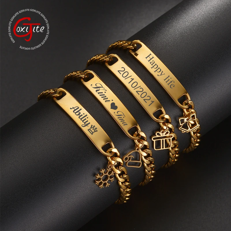 Goxijite Engrave Name Bracelet Stainless Steel Multi Style Hanging Christmas Tree Accessories Bracelets Jewelry Christmas Gift