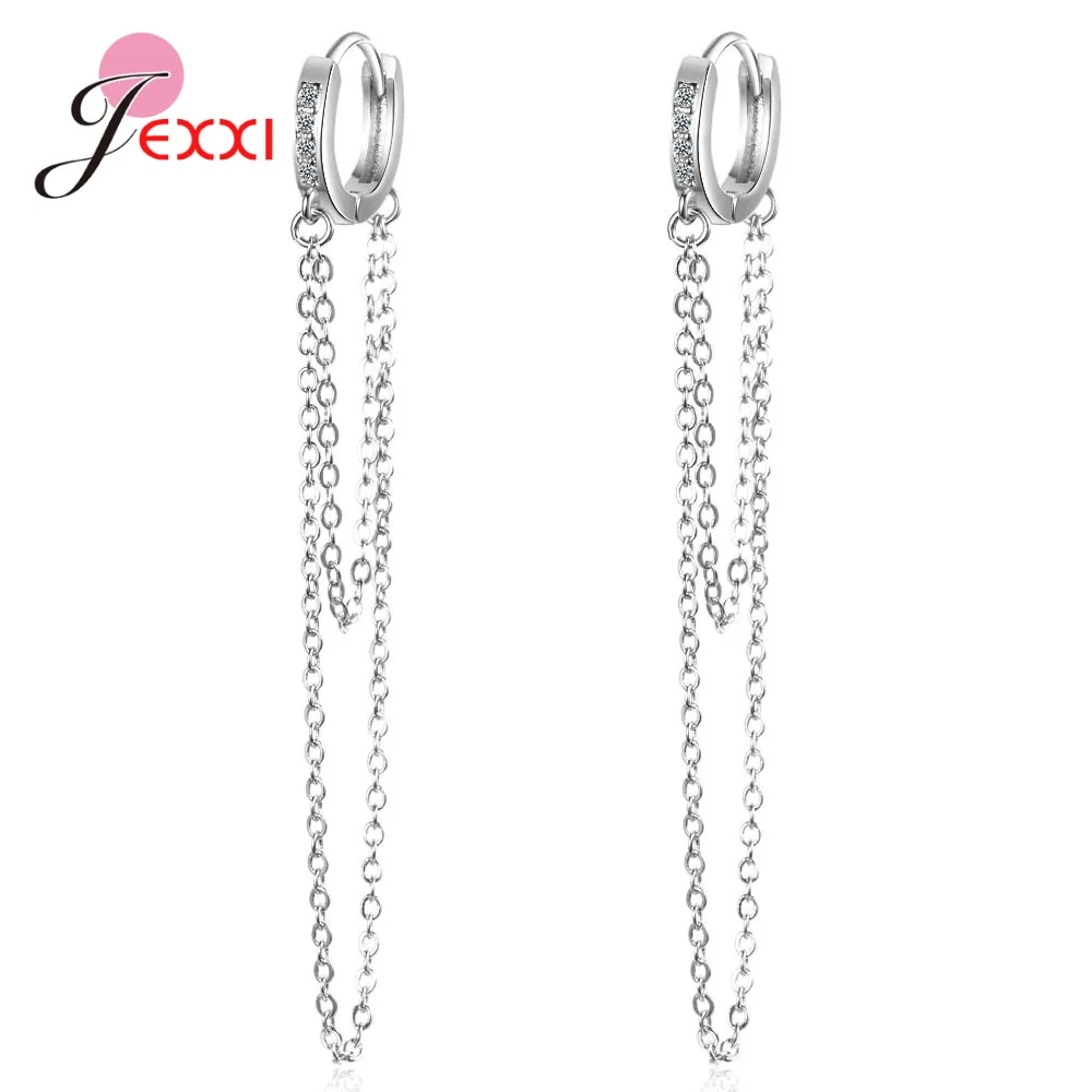 Luxry 925 Sterling Silver Color Long Chain Hoops Crystal Cubic Zircon Loops Circle Double Chain Round Piercing Women Jewelry