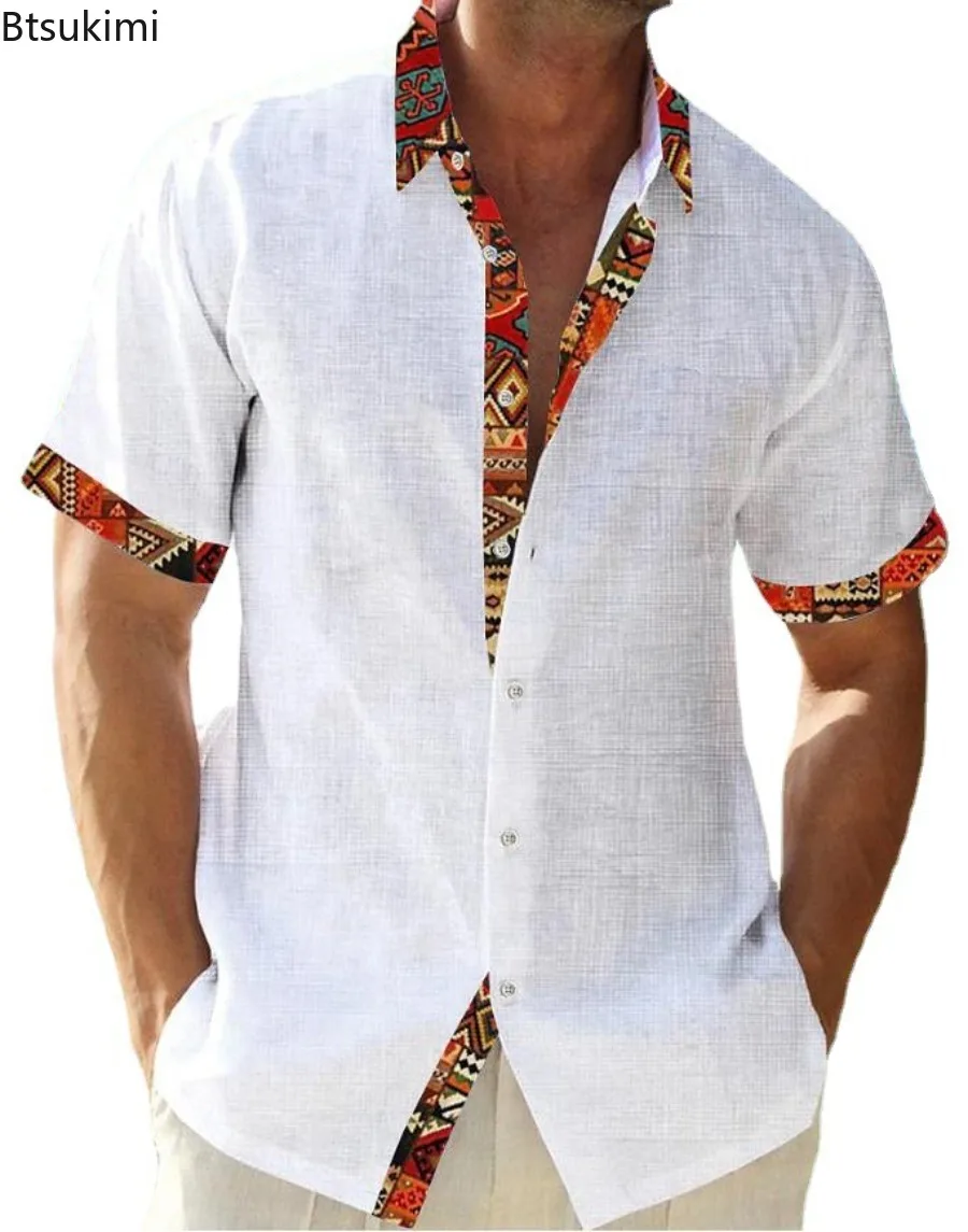 Camisa havaiana masculina para férias na praia, cardigã de lapela de manga curta, camisa casual solta, blusa de retalho, verão, 2024