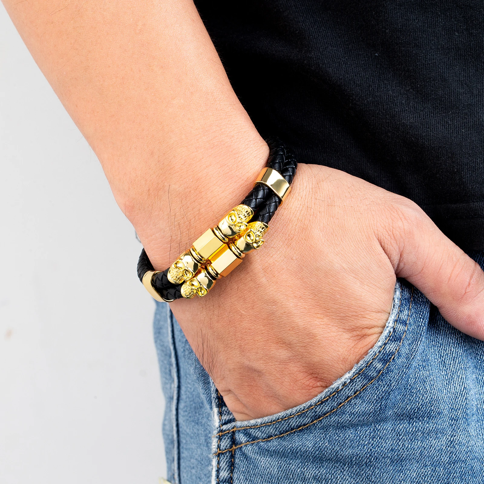 Pulsera gótica de cuero tejido de doble capa con calavera para hombre, brazalete de Hip Hop, joyería de moda para fiesta de Rock, regalo para novio