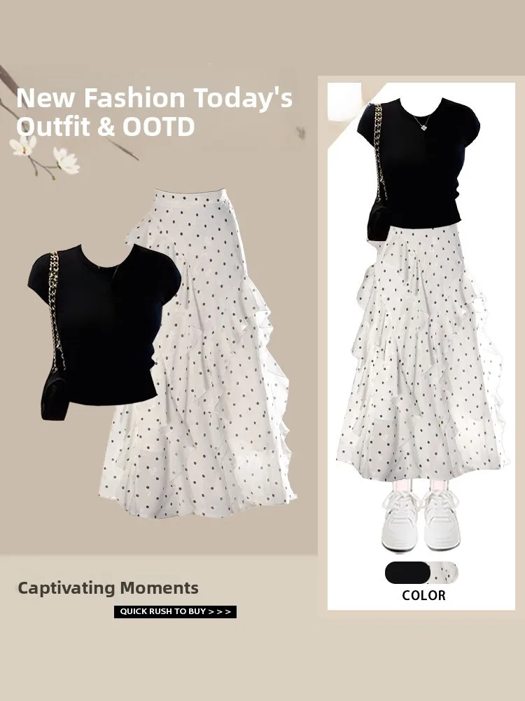 Summer Fashion Polka Dot A-Line  Skirt Women's Short Sleeve T-Shirt Two-Piece Set High Waist Polyester Fiber Standard Fit